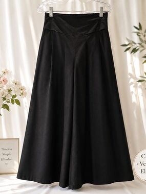 Women's Black Culotte Gaucho Pants Size M Wide Leg Cropped Elastic Waist Cotton